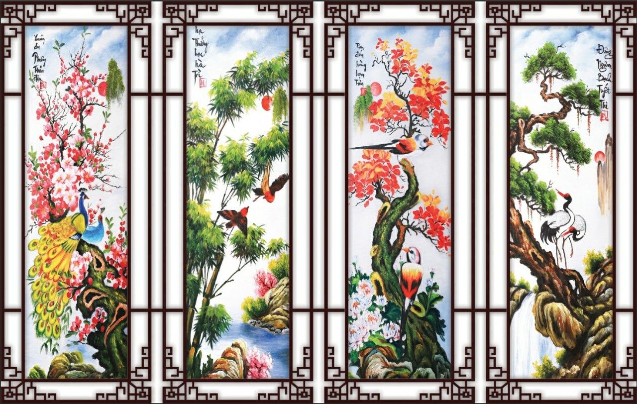 Tranh tứ quý tùng cúc trúc mai in trên chất liệu lụa cao cấp phù hợp trang trí phòng thờ, phòng khách, phòng làm việc