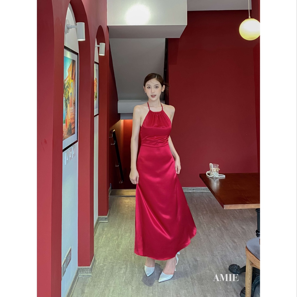 Đầm Luạ Yếm Hở Lưng Cao Cấp Amie, Váy Hở Lưng Chất Vải Phi Lụa Sang Chảnh Sexy