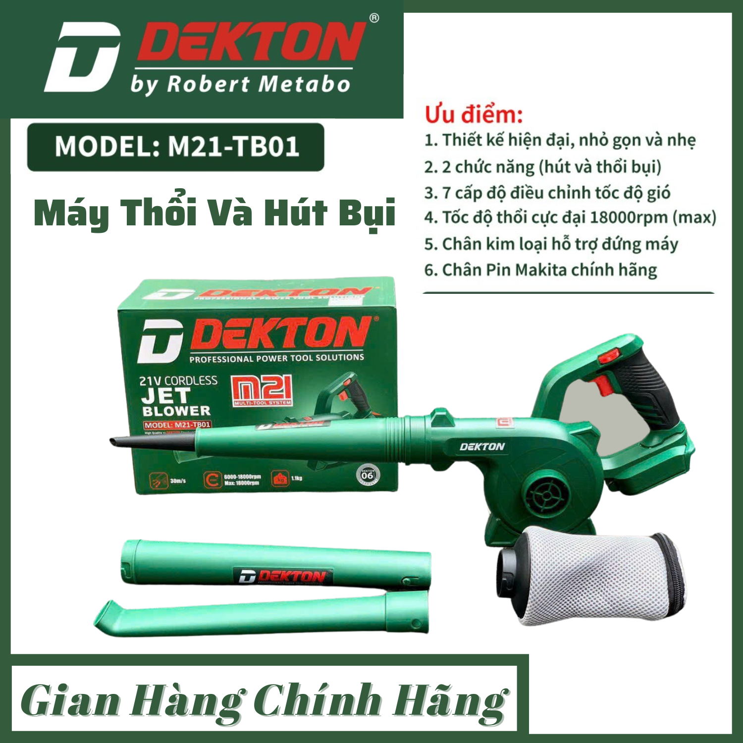 Máy thổi hút bụi dùng pin M21-TB01 DEKTON 6 tốc độ