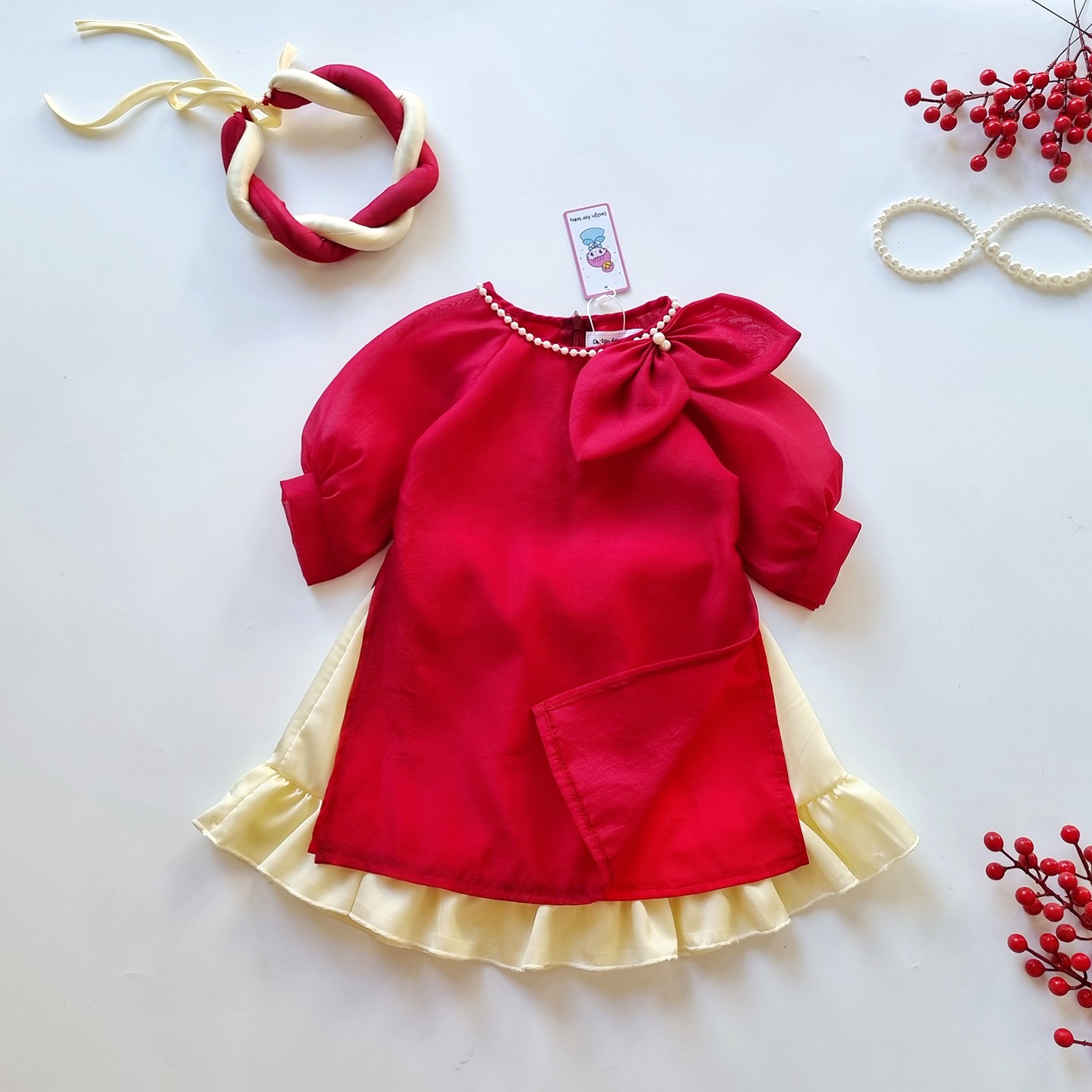 Áo Dài Cách Tân Nơ Đỏ Cao Cấp Bé Gái Áo Dài Tết Bé Gái Kèm Chân Váy & Mấn Đội Đầu Từ 6-30kg. Chất Lụa Nến Phối Lót Lụa Habutai Mềm Mại.