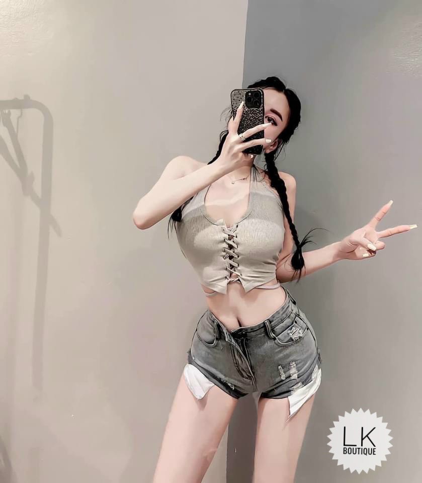Áo kiểu yếm đeo cổ đan dây ngực croptop
