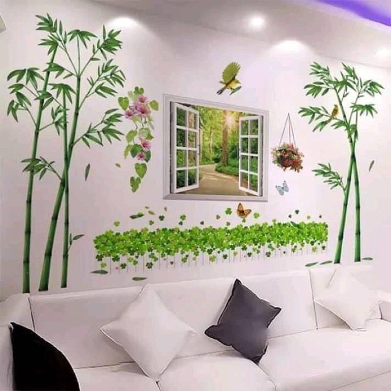 Decal dán tường cành trúc bên cửa sổ(tranh ghép)