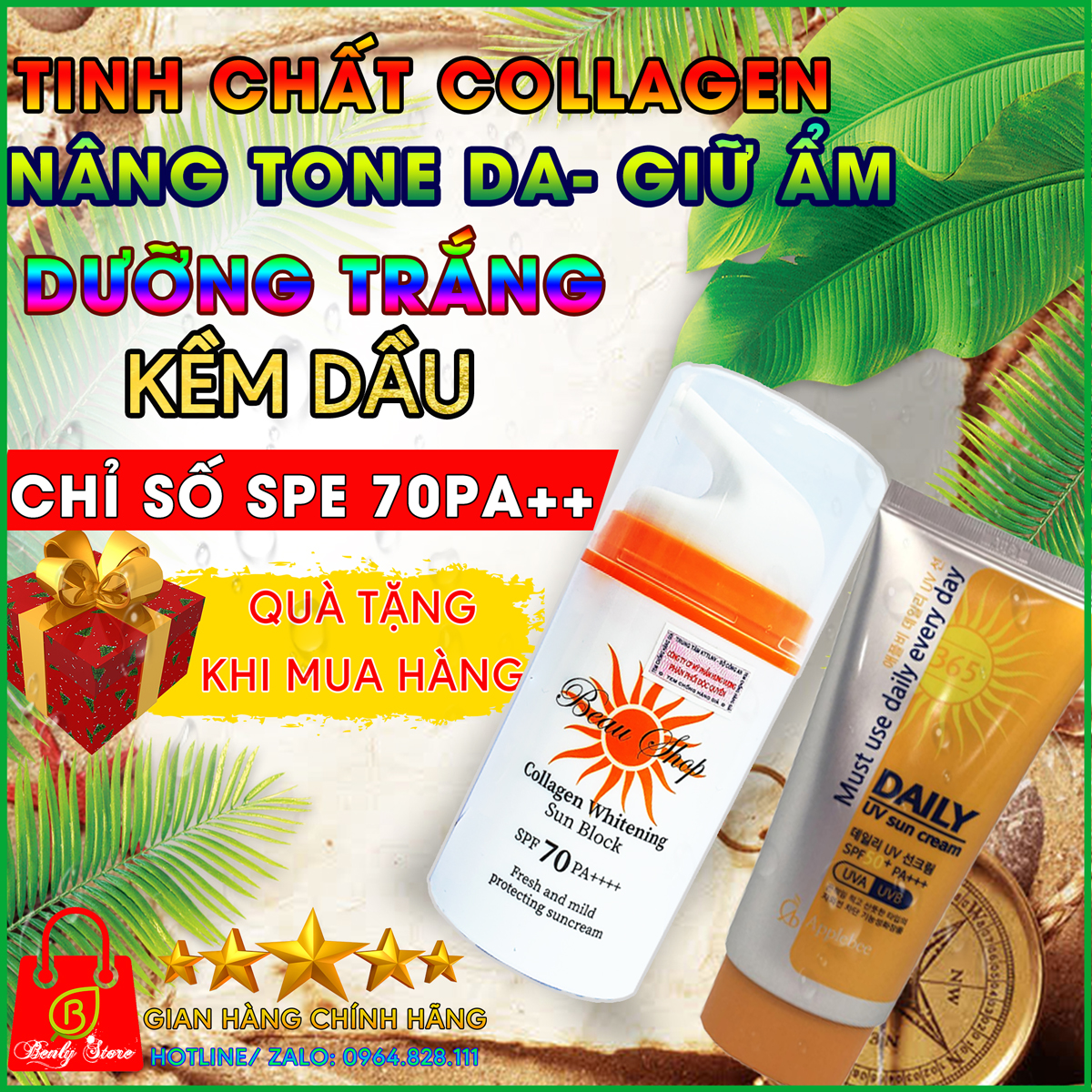 Kem chống nắng Collagen Beau Shop Hàn Quốc SPF70++ nâng tone da, kềm dầu dành cho da dầu mụn và da nhạy cảm - Whitening Sun Block- AppleBee Daily UV Facial Sun Cream