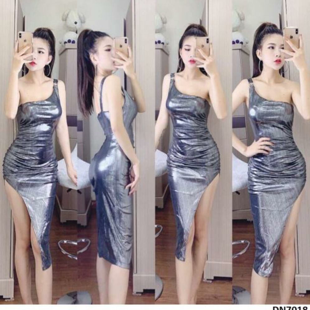 Đầm body lệch vai chéo tà rút nhúng sexy
