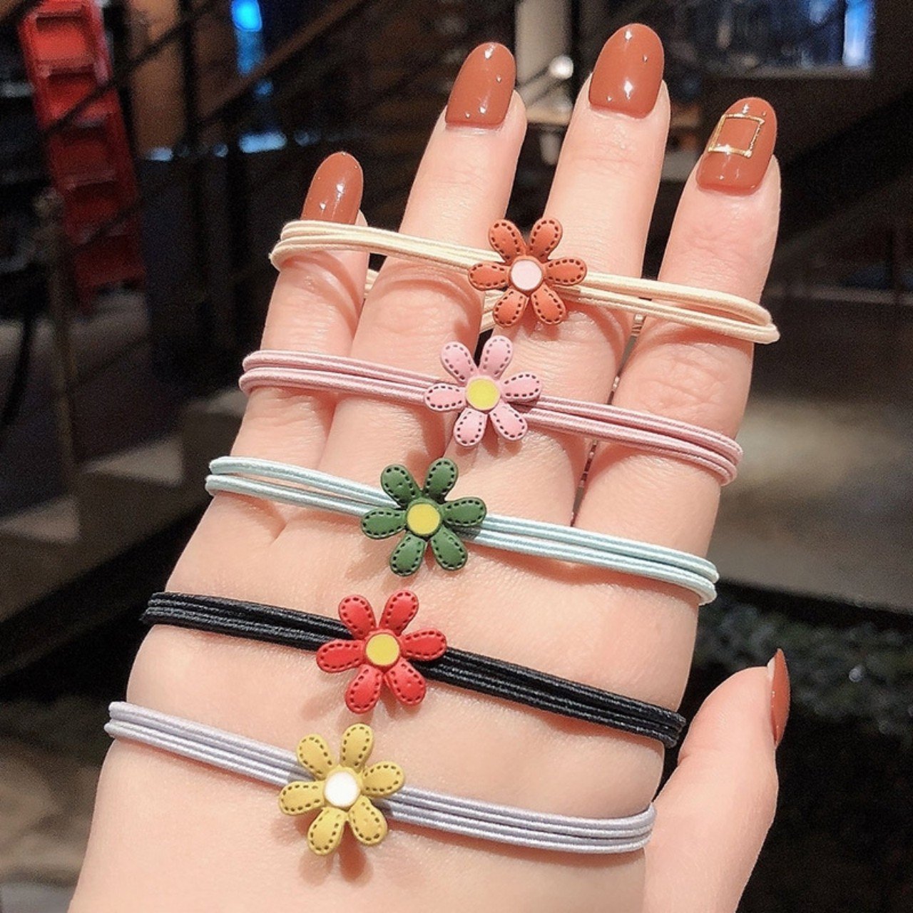 BỘ 05 CỘT HOA 6 CÁNH PASTEL - CỘT TÓC LEN MÀU DẠ QUANG