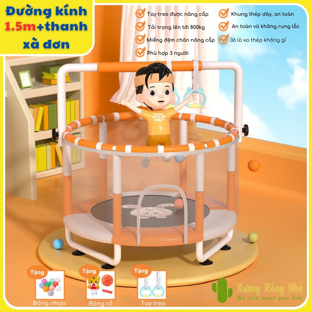 Trampoline sàn nhún, quây bóng, nhà bóng cho bé có xích đu, tay vịn kèm xà đơn bóng rổ vận động đường kính 1,5m