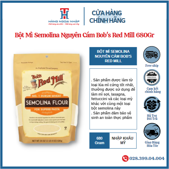 BỘT MÌ SEMOLINA NGUYÊN CÁM ( NON -GMO) BOB'S RED MILL 680G