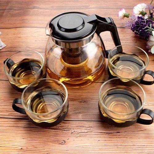 Bộ ấm ly pha trà thủy tinh cán bọc nhựa, 1 ấm thủy tinh có lõi lọc trà và 4 ly thủy tinh cao cấp
