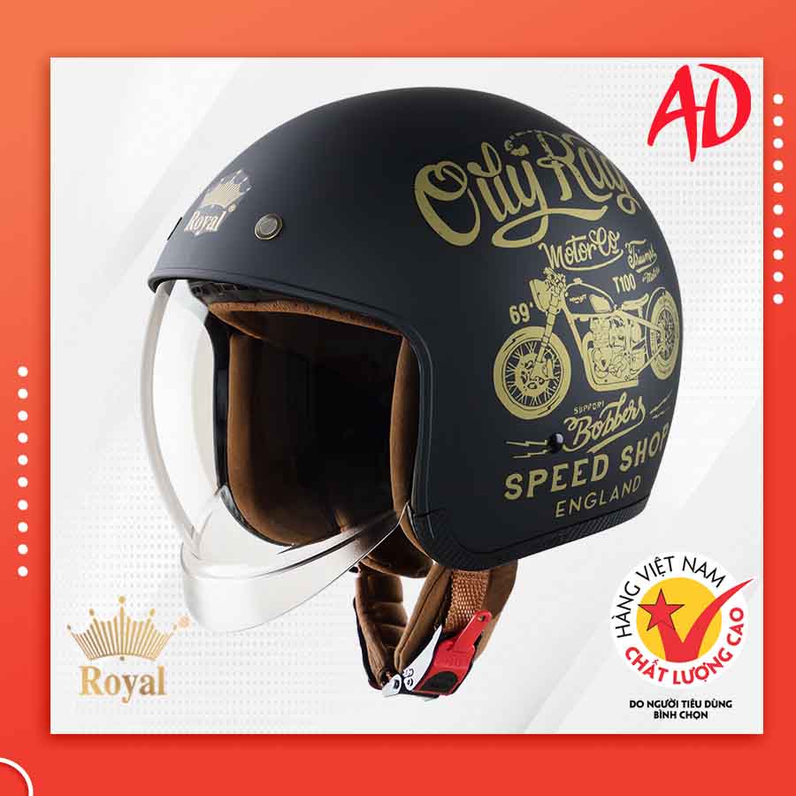 Mũ bảo hiểm xe máy 3/4 Royal M139 kính âm tem V5 màu đen nhám, bảo hành 12 tháng- Giya Helmet 1