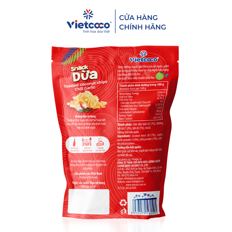 Snack dừa Vietcoco vị tỏi ớt túi 45gr