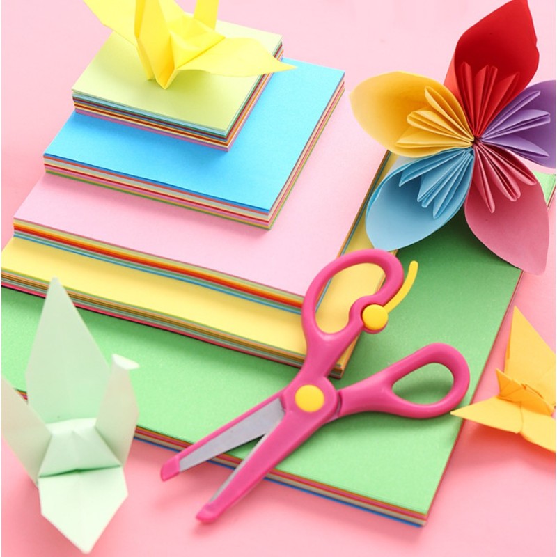 Tệp 100 tờ giấy gấp Origami, giấy thủ công gấp hạc hoa ( 10 màu tổng 100 tờ) nhiều kích thước