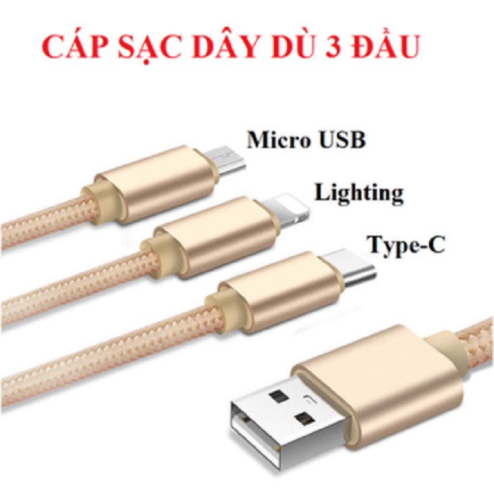 Cáp Sạc 3 Đầu Thông Minh - Dây Cáp Sạc 3 ĐẦU RÚT MicroUSB, Type C, Lightning