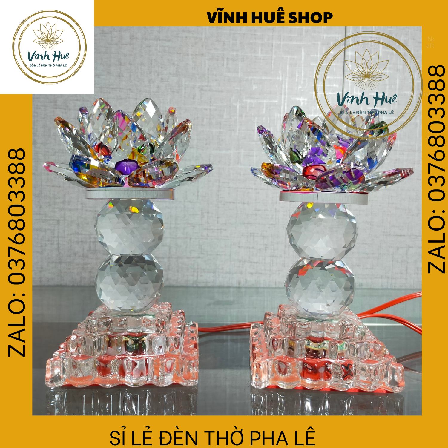 Đèn hoa sen pha lê. Đèn để bàn thờ, mạch led  7 màu . Đèn Thờ Cúng