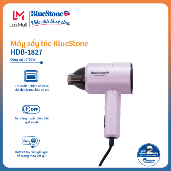 Máy sấy tóc BlueStone HDB-1827 - Thiết kế tay cầm có thể gấp gọn, dễ mang theo- Công suất 1100W - 2 chế độ sấy nóng, 1 chế độ sấy mát - Tự ngắt điện khi quá tải - Hoạt động êm ái dễ chịu - Hàng chính hãng nhập khẩu