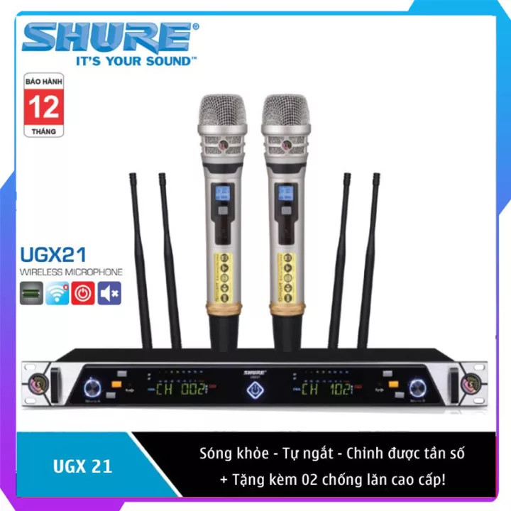[ HÀNG BÃI MỸ 100% ] Micro Không Dây Shure UGX21 - Micro Hát Karaoke Không Dây 4 Antenna Sóng Cực Khỏe Chống Hú, Cảm Biến Tự Ngắt BH 12T