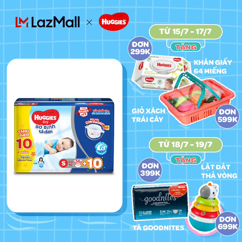 [GIẢM THÊM 20K ĐƠN 599K][Tặng 10 miếng] Tã dán sơ sinh Huggies mới S56 (4kg-8kg)-Gói 56 miếng