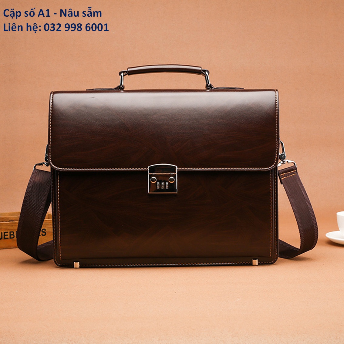 Cặp da khóa số công sở đựng laptop mã A 38x29x9cm (Nâu sáng - Nâu đậm)