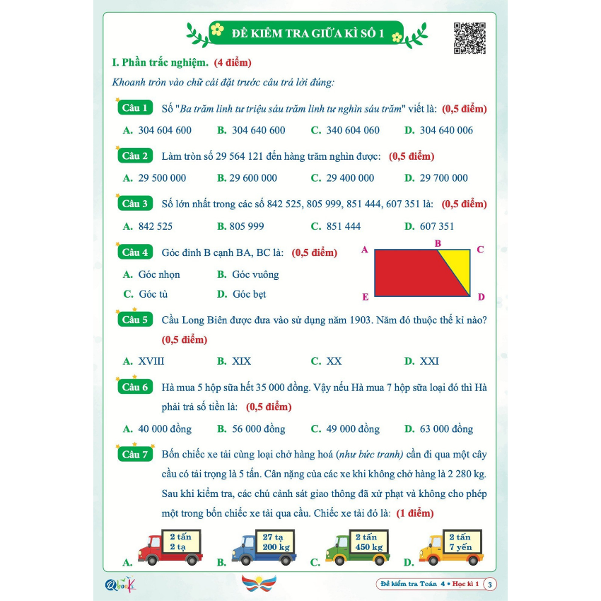SÁCH - [ Lớp 4 - hk1 ] - Cánh diều - Đề kiểm tra toán 4 hk1