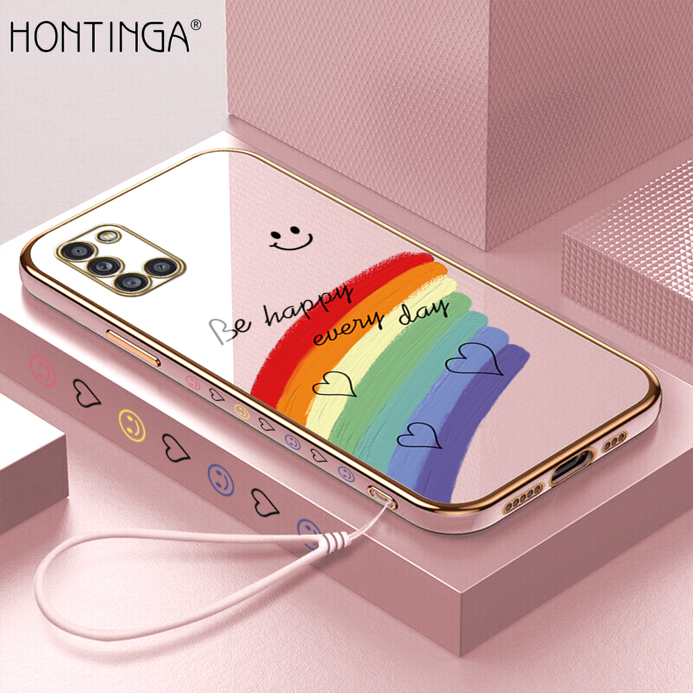 Hontinga Casing Case For Samsung Galaxy A31 Case Smile Rainbow Luxury Chrome Plated Soft TPU Square Phone Case Full Cover Camera Protection Anti Gores Rubber Cases For Girls