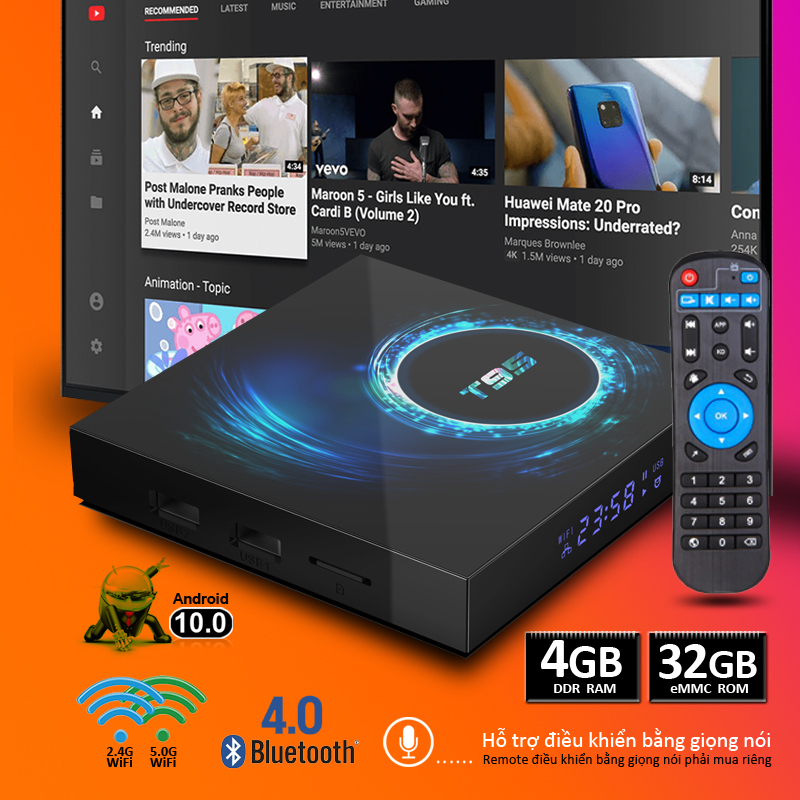 Android Tivi box bộ nhớ 32G ram 4G Bluetooth 5.0 băng tần wifi kép Xem Youtube truyền hình giải trí miễn phí dành cho gia đình, Bảo hành 12 tháng T95 TV box