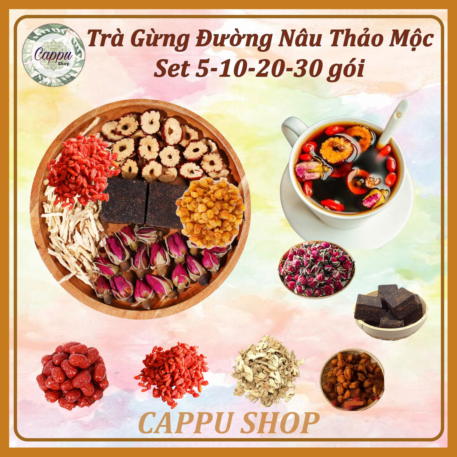 Set 30 gói Trà Gừng Đường Nâu Thảo Mộc (Hoa Hồng -Gừng -Đường Nâu -Táo Đỏ -Kỷ Tử -Nho Khô)