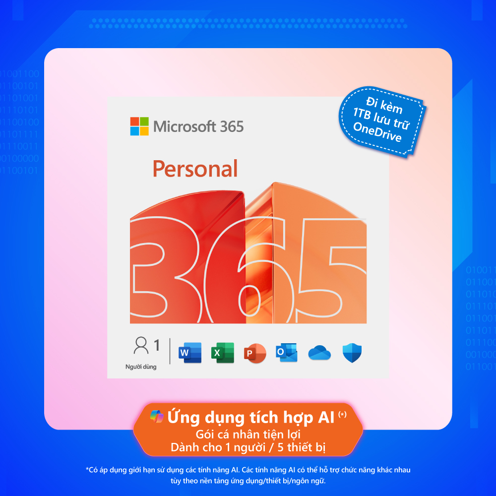 Phần mềm Microsoft Office 365 Personal | AI Copilot | 12 tháng | Dành cho 1 người| 5 thiết bị/người | Trọn bộ ứng dụng | 1TB lưu trữ OneDrive