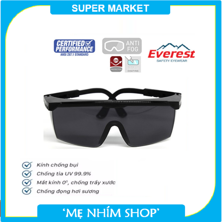 Kính bảo hộ Everest vuông trong EV105 chống đọng sương, chống bụi, tia UV hóa chất bắn vào mắt