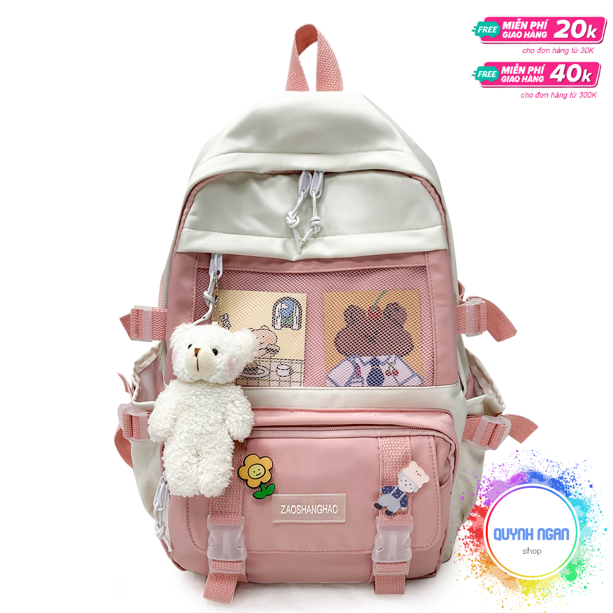 Balo Zaoshanghao chất vải canvas chống thấm tặng sticker và móc khóa gấu