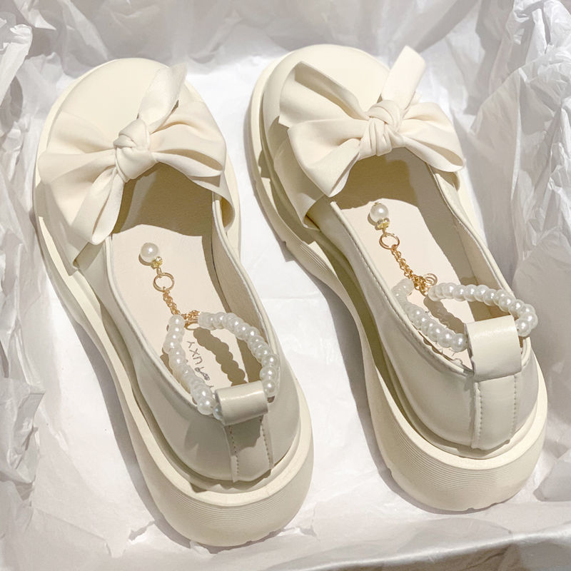 Giày Lolita Nữ Quai Ngọc BUỘC NƠ Cao Cấp - đế 4cm 2 màu đen trắng