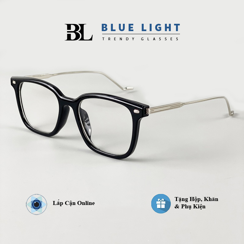 Gọng Kính Cận Kính Giả Cận Nam Nữ Mắt Vuông To Càng Kính KIm Loại Màu Đen Trong Suôt Bạc Hàn Quốc - BLUE LIGHT