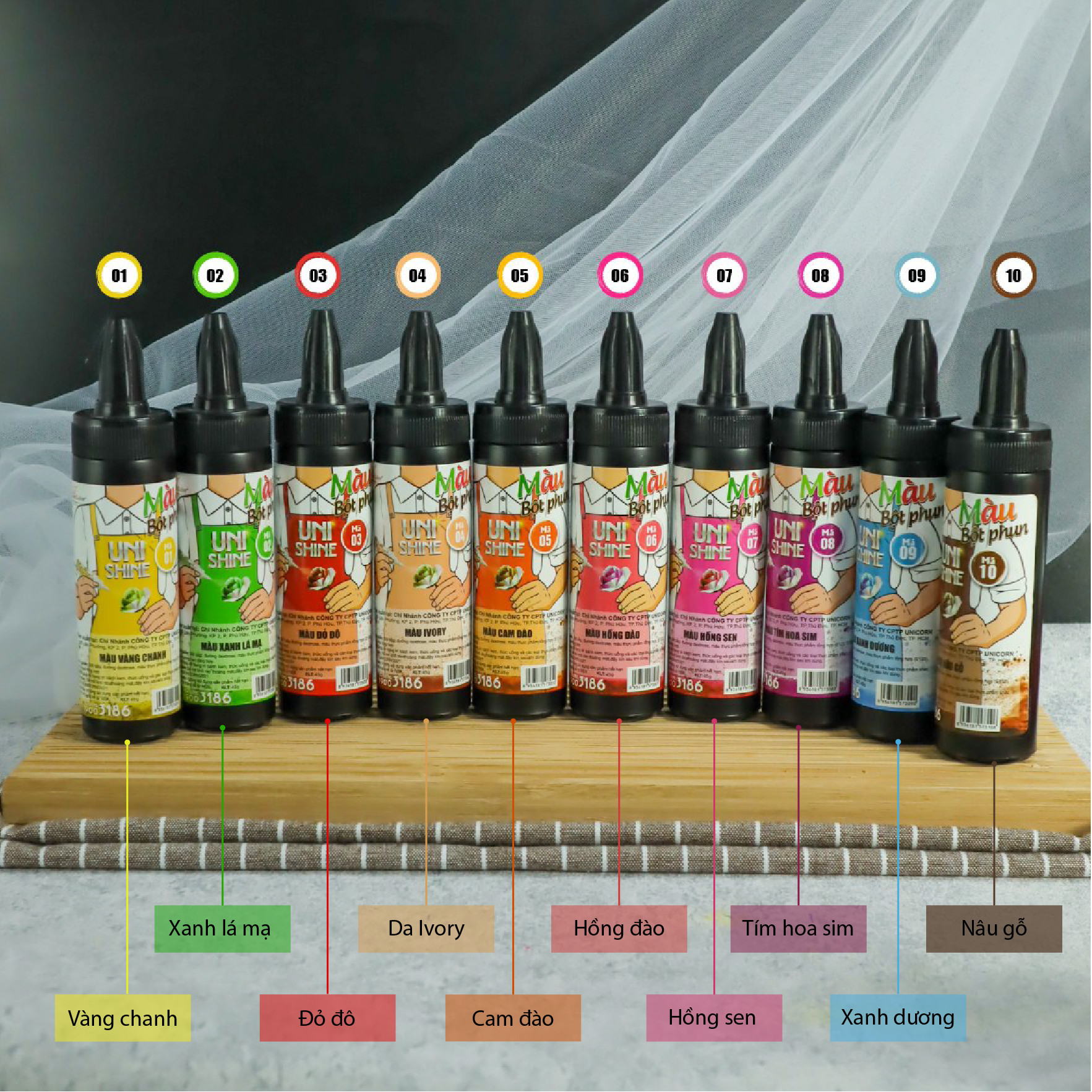 Combo 10 màu bột phun thực phẩm UNICORN - 45g