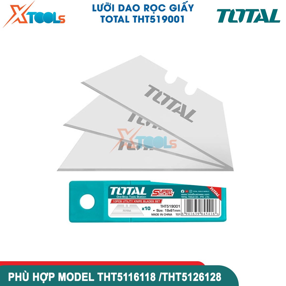 Bộ 10 lưỡi dao rọc giấy siêu bén TOTAL THT519001 61X19mm bền chắc chống gãy cắt bìa caton decal giấy dán tường khắc gỗ XTOOLs