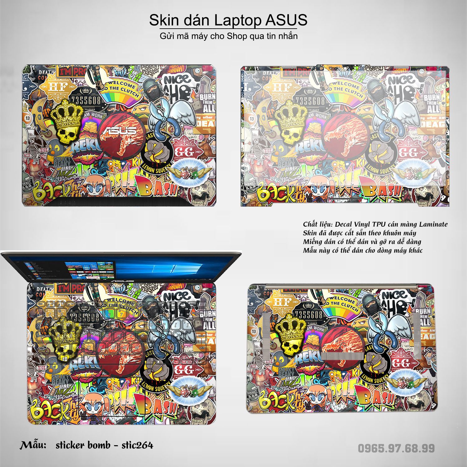 Decal Skin dán Laptop Asus mẫu sticker bomb (inbox mã máy cho shop)