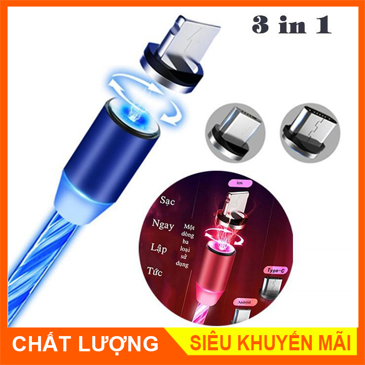 CÁP SẠC TỪ HÍT NAM CHÂM 3 ĐẦU ( microUSB-Lightning-Type C)