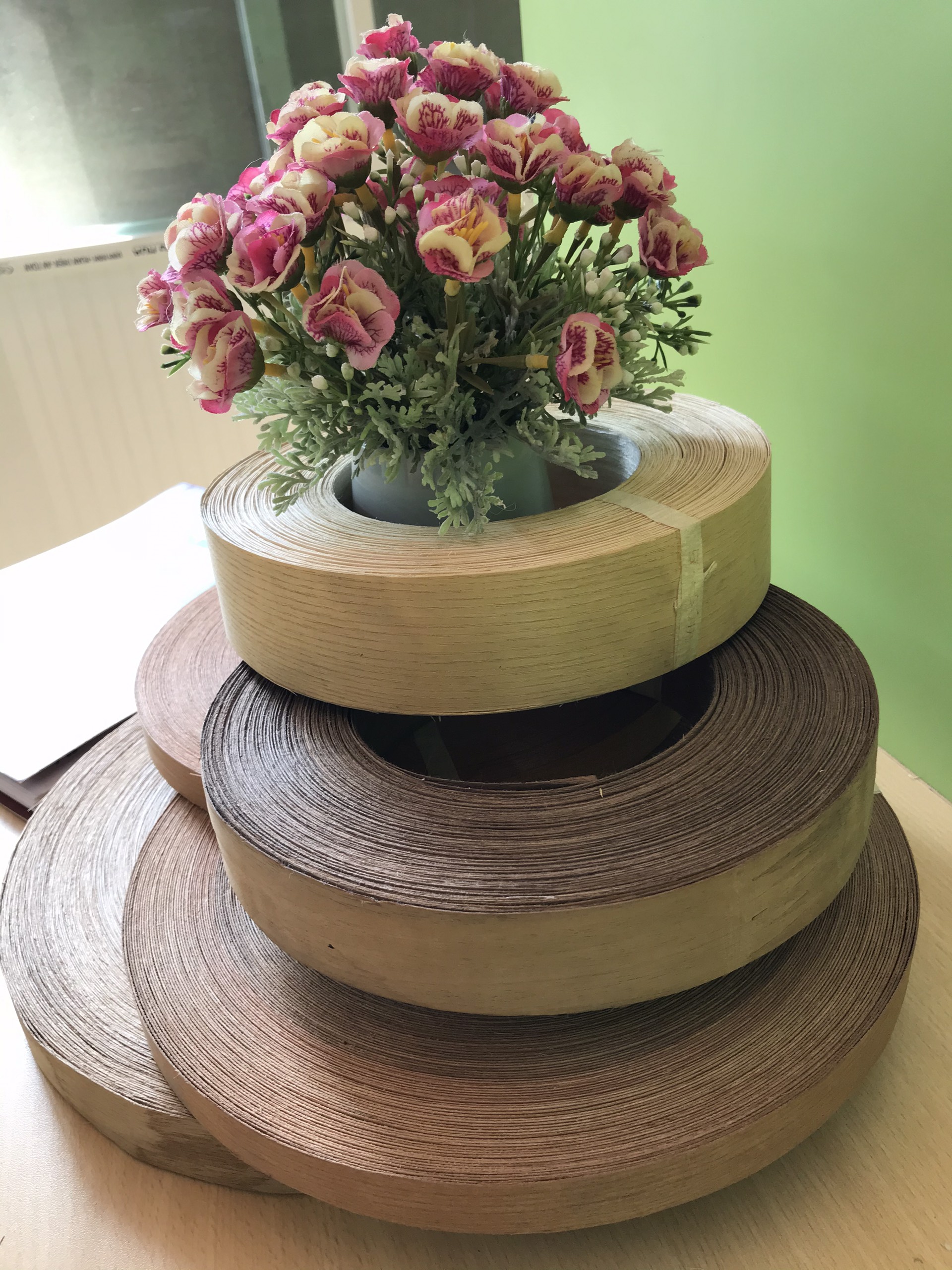 gỗ dán cạnh mỏng,  veneer xoan, sồi, oak có keo và không keo, cuộn 100 mét, 70 mét