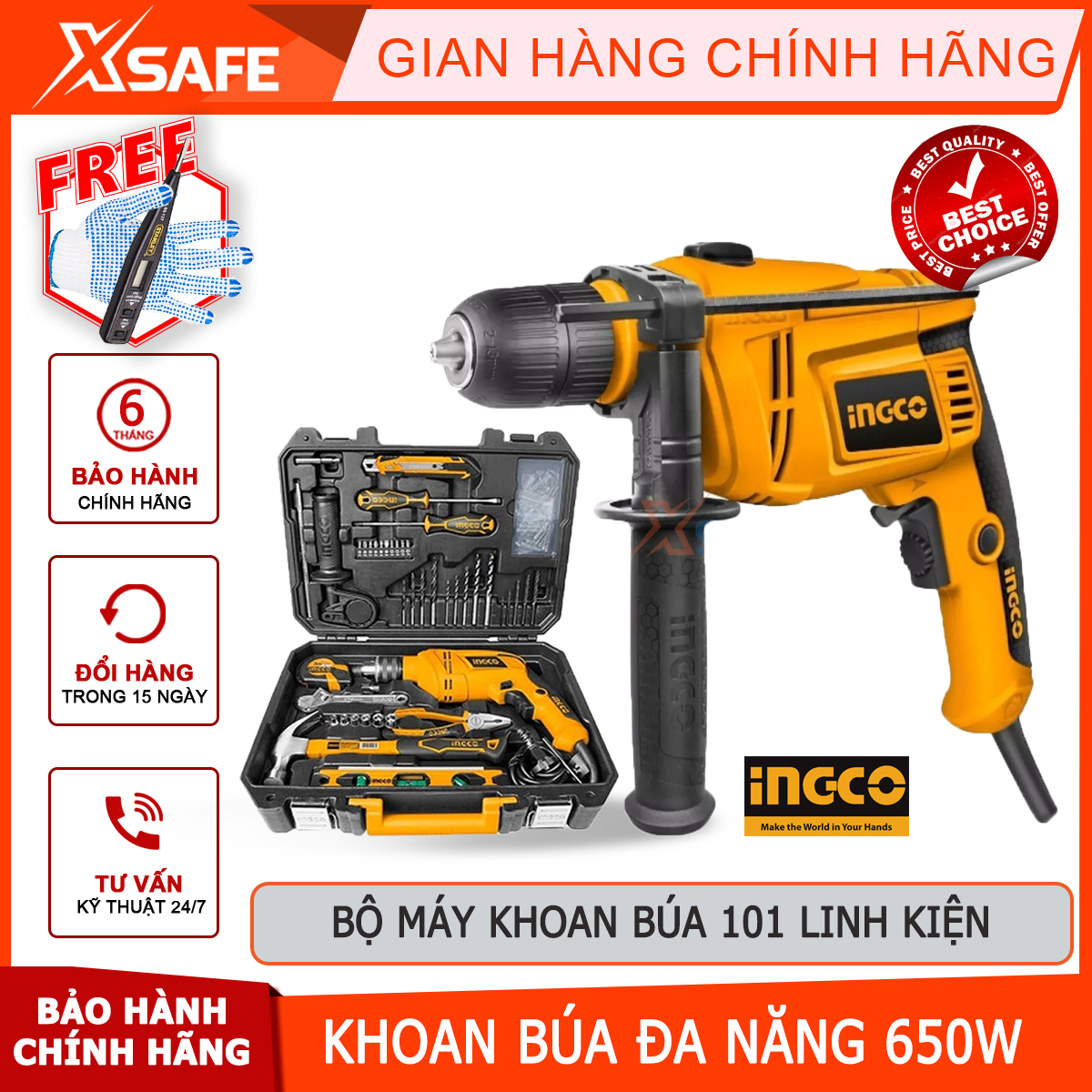 Drill hammer multi-purpose ingco total, set Auger portable Hammer included 100 components, power 650W, drill 2 function drill ratcheting screwdriver and drill chisel breaking wall, concrete, hard material [genuine] [xsafe]