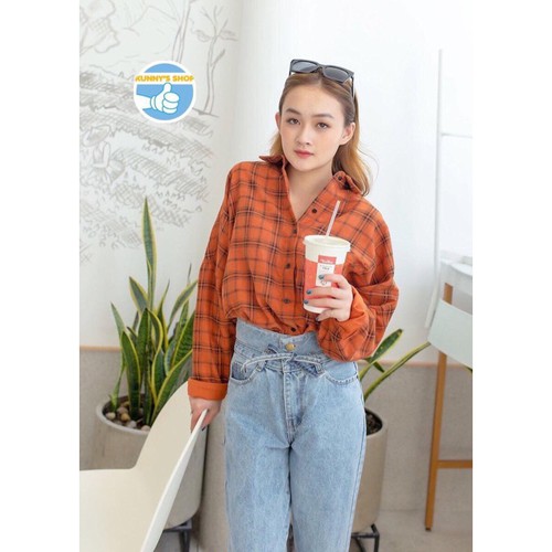 Áo sơ mi oversize caro nhung cam