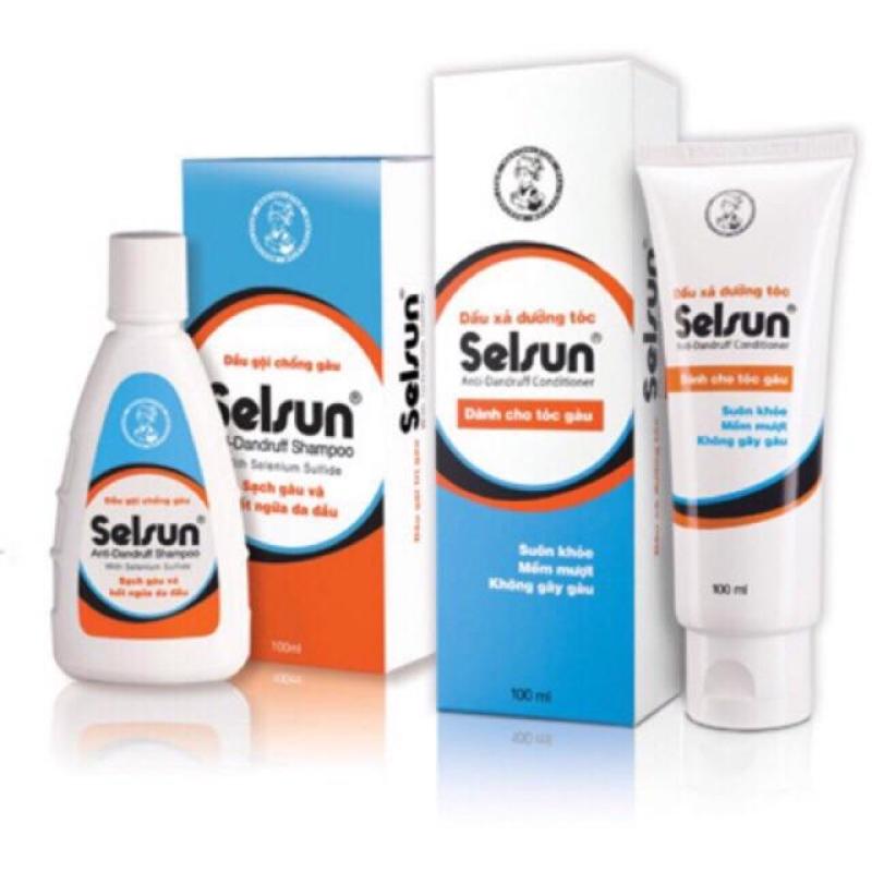 Combo gội xả Selsun gồm 1 gội Selsun 1% 100 ml và 1 tube xả Selsun 100 ml, sản xuất bởi Rhoto Mentholatum, Việt Nam nhập khẩu