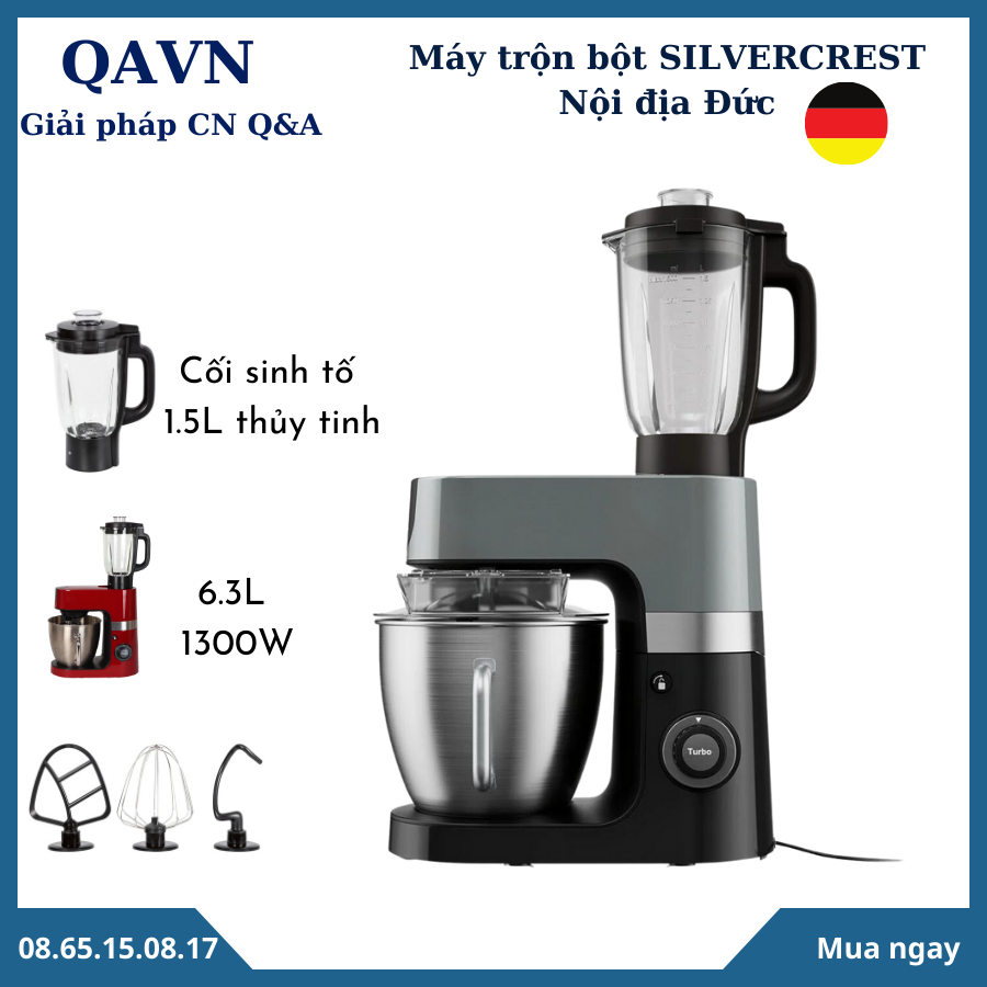 Máy trộn bột silvercrest 1300w 6.3l - có kèm cối sinh tố - đánh kem đánh trứng, chả giò..