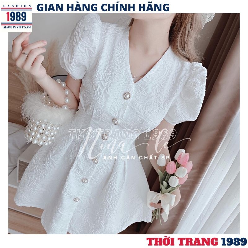 Đầm babydoll nữ ,gấm xốp cổ v hàng cúc kiểu dáng hàn quốc , váy đầm dự tiệc mặc tết cực xinh, đầm tiểu thư , váy chữ a , váy dáng ngắn ,đầm gấm hàng cúc -thời trang 1989