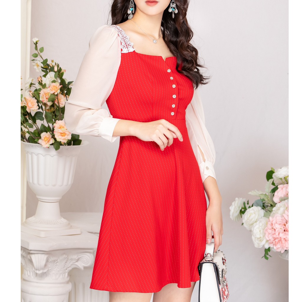 G beauty váy xòe phối tay be đỏ