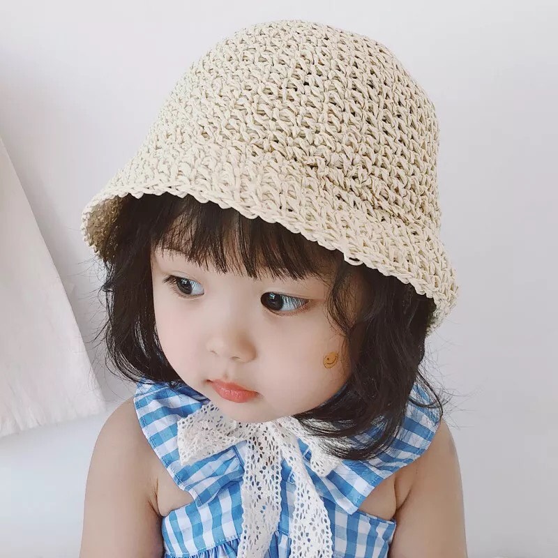 Mũ ajuma cho bé mũ cói cột nơ hàn quốc
