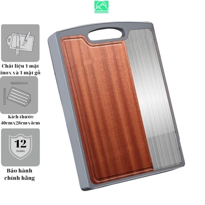 Thớt gỗ 2 mặt, mặt gỗ và mặt inox kháng khuẩn cao cấp