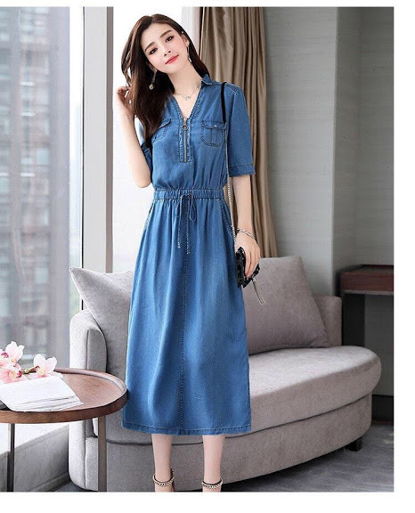 ĐẦM JEAN CỔ SƠ MI 2 TÚI