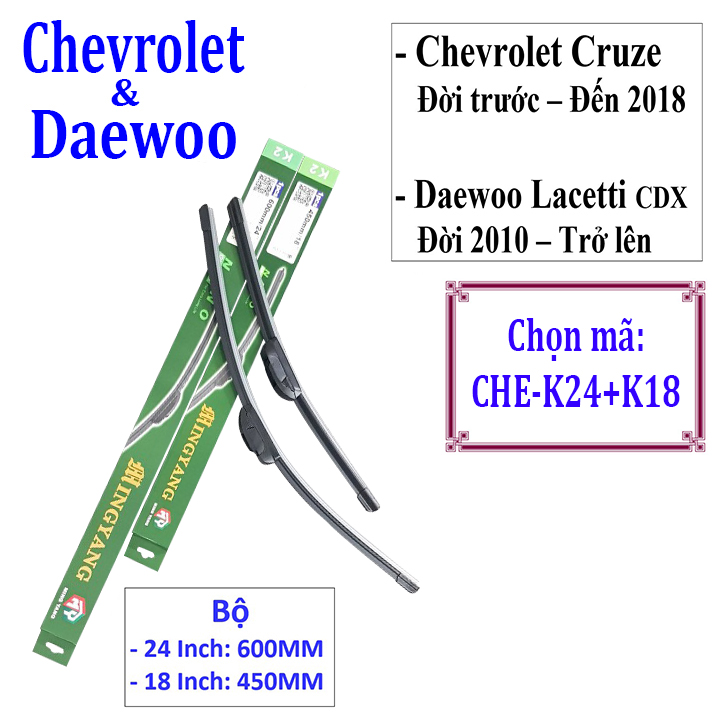 Bộ 2 thanh gạt nước mưa ô tô, xe hơi Nano mềm cao cấp hãng xe Chevrolet, Daewoo: Cruze-Aveo-Captiva-Trax-Spark-Lacetti-Gentra-Lanos-Matiz-Orlando-Colorado