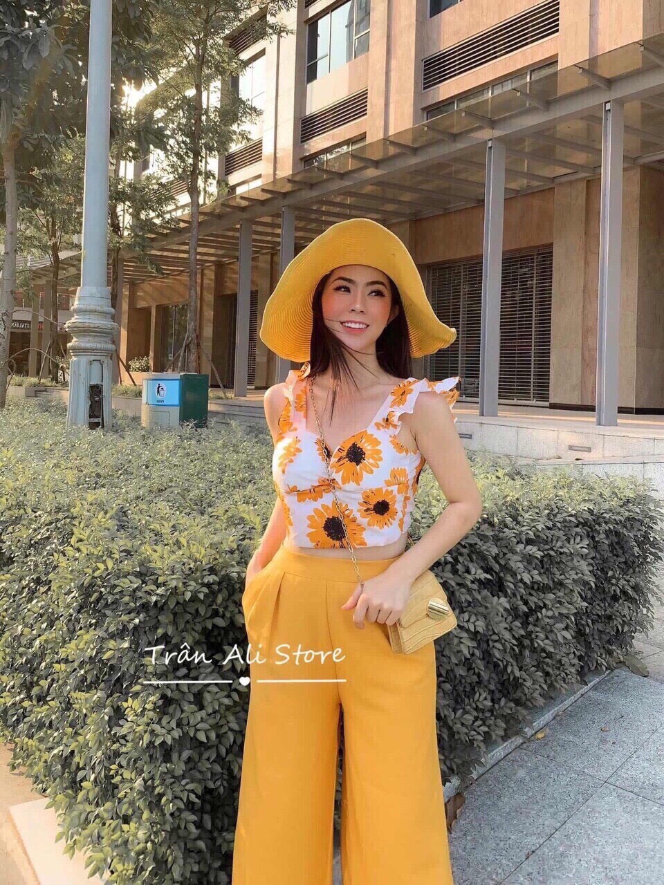 Set bộ nữ quần dài ống suông+áo hoa cúc tay cánh tiên cột nơ lưng siêu xinh