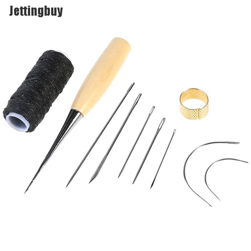 Jettingbuy 10pcs Leather Sewing Needles Stitching Needles Kit Thread Thimbles Shoes Tool