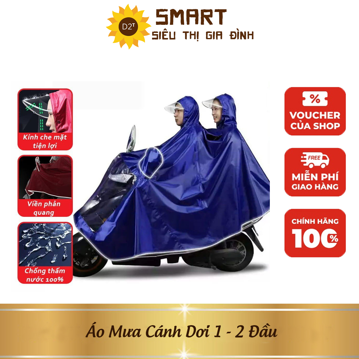 Áo mưa cánh dơi 1 đầu và 2 đầu phản quang có kính che mặt, áo mưa vải dù chống rách siêu dai, siêu bền