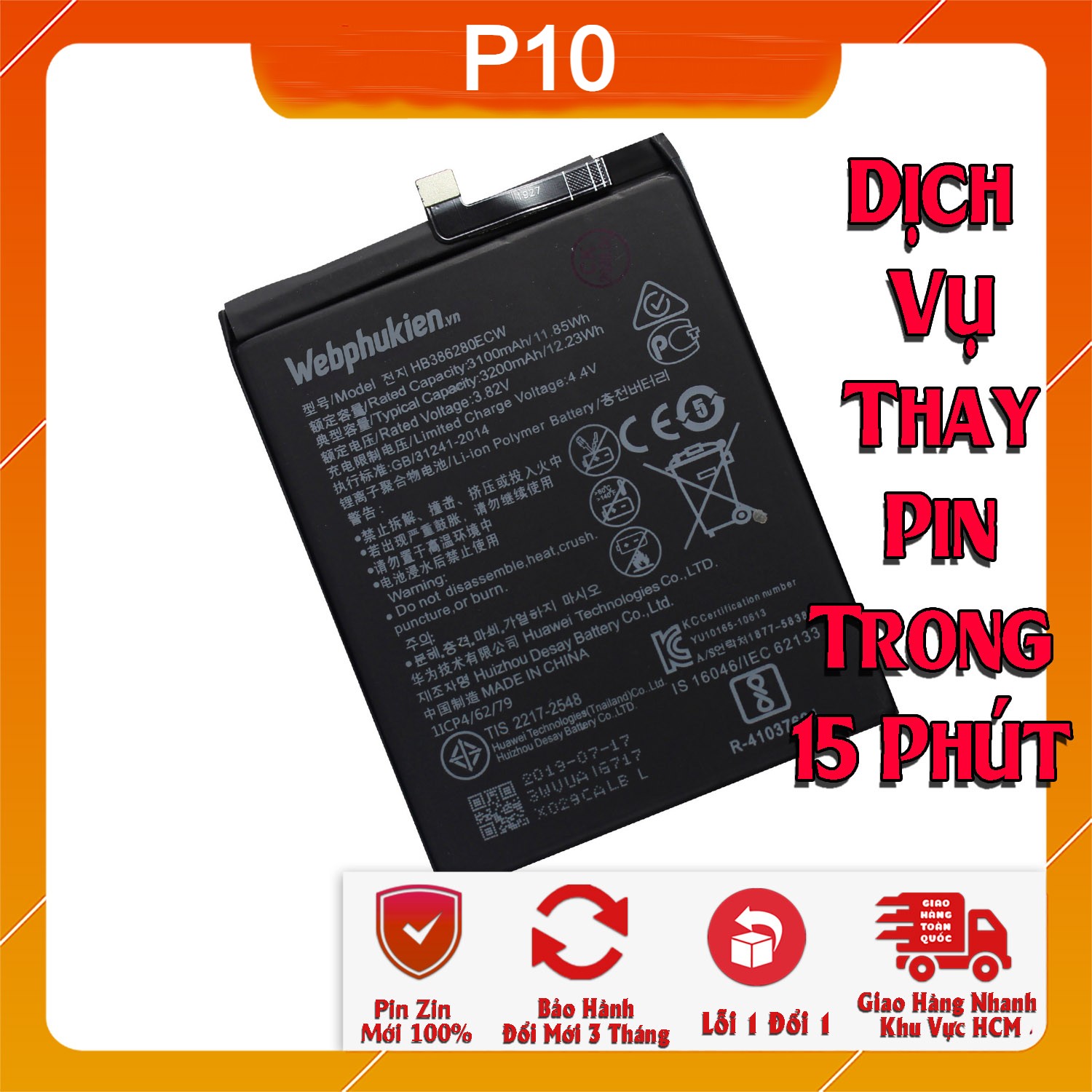 Pin Scud cho Huawei Nova 3i, Huawei Nova 2i, Huawei P10, Huawei P20, Huawei P20 Pro, Huawei P30, Huawei P40, Huawei Y7 Pro 2018, Huawei Y7 Prime 2018, Huawei Y9 2019, Huawei Y9 Prime 2018, Huawei G10 dung lượng 3340mAh-5000 mAh (Đen)