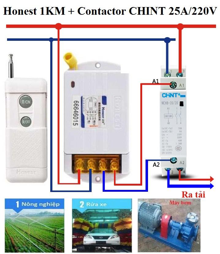 Bộ công tắc điều khiển từ xa Honest 1KM công suất lớn 3500W 25A/220V 6380KG-1 + Và 1 khởi động từ CHINT 25A/220